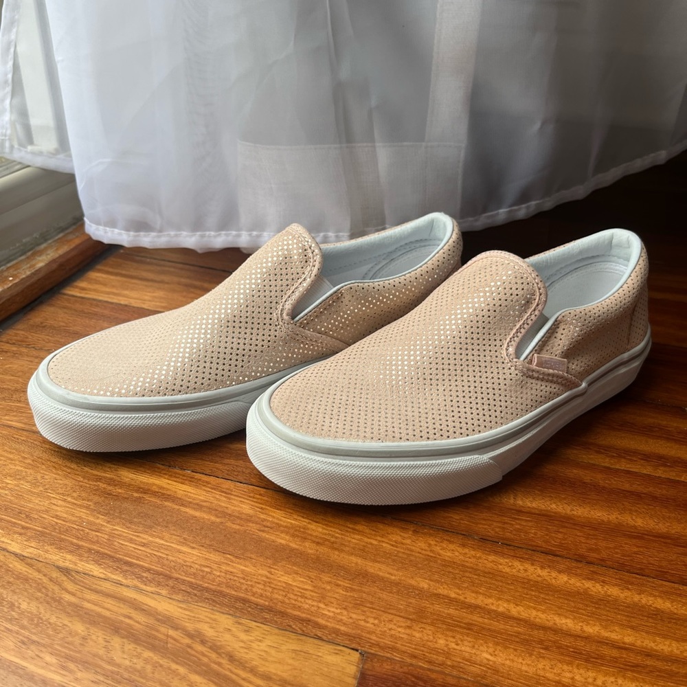 Never worn light peach/pink van slip ons! Silver sparkle